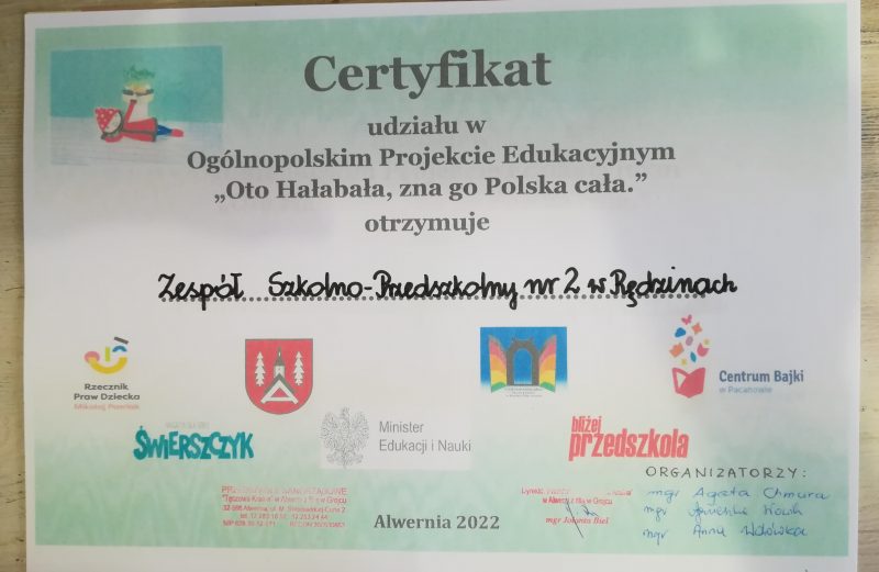 Certyfikat dla Przedszkolaków za udziału w Ogólnopolskim Projekcie Edukacyjnym „Oto Hałabała, zna go Polska cała”