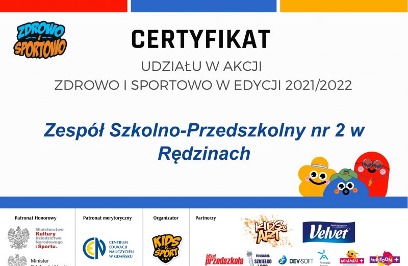 Certyfikat dla Przedszkolaków za udział w Akcji Zdrowo i Sportowo w edycji 2021/2022