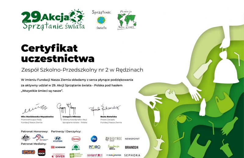 Certyfikat dla naszych Przedszkolaków za udział w 29. Akcji Sprzątanie Świata – Polska