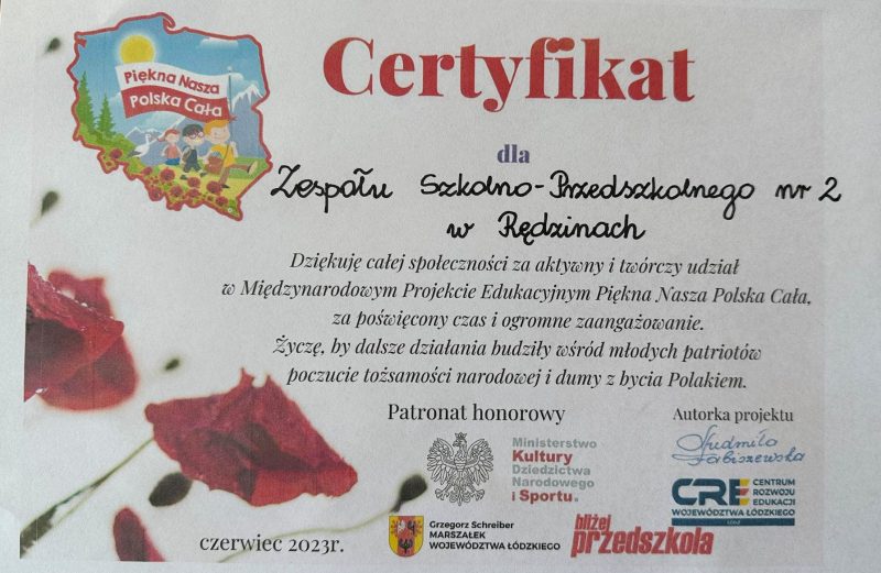 Podziękowania i Certyfikat dla Naszego Przedszkola za udział w IV Edycji Międzynarodowego Projektu Edukacyjnego „Piękna Nasza Polska Cała”