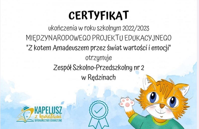 Certyfikat ukończenia projektu edukacyjnego „Z kotem Amadeuszem przez świat wartości i emocji”