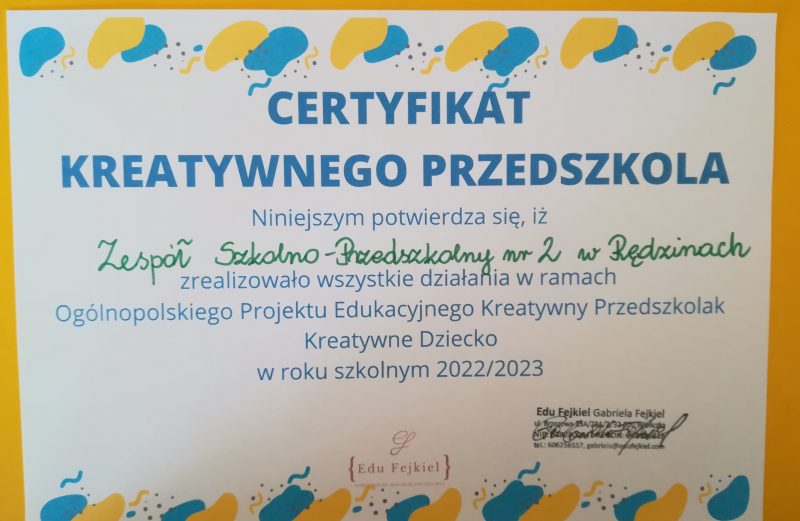 Certyfikat dla Kreatywnych Przedszkolaków i Kreatywnych Nauczycieli