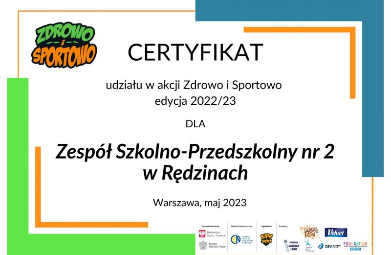 Certyfikat dla Naszych Przedszkolaków za udział w Akcji Zdrowo i Sportowo