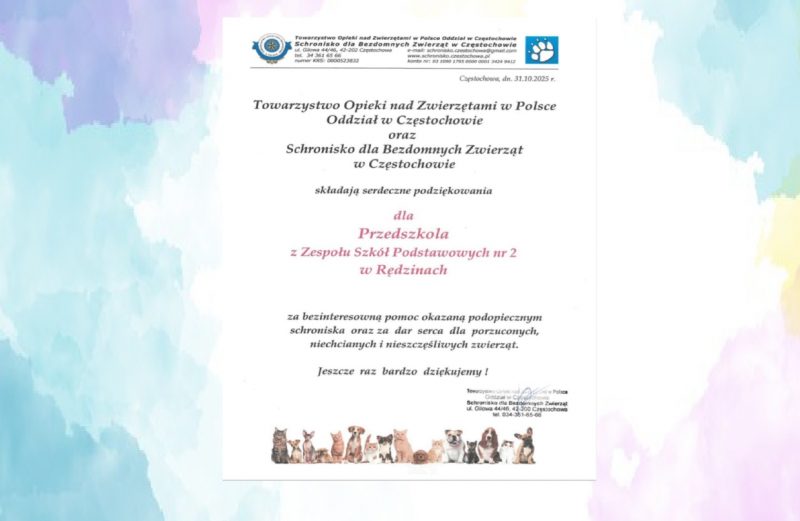 Podziękowanie dla Naszego Przedszkola od Schroniska dla Bezdomnych Zwierząt w Częstochowie