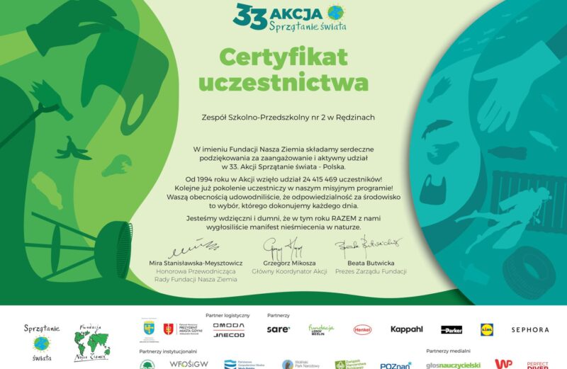 Wielkie Zielone Serce dla naszego sztabu przedszkolaków za udział w 33. Akcji Sprzątanie Świata – Polska!